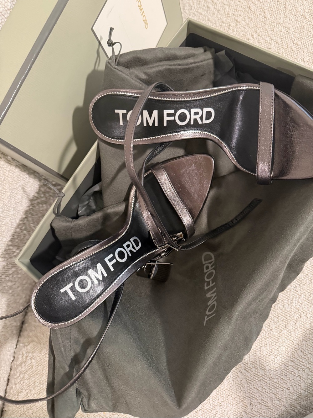 Tom Ford Gun Metal Metallic Leather Women’s Heels